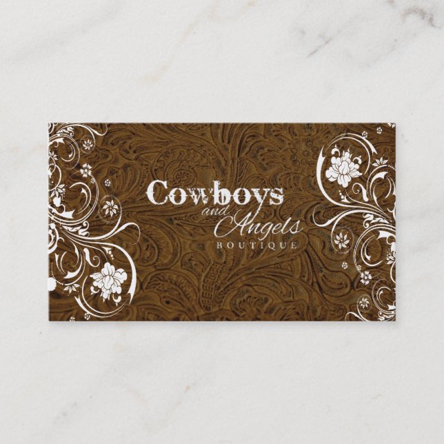 Dark Brown Tooled Leather and Lace Business Card (Front)