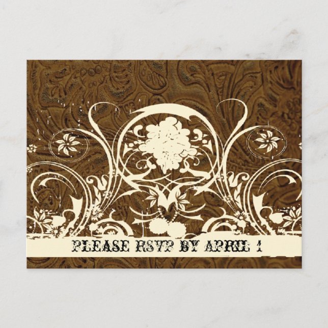 Dark Brown Tooled Leather RSVP Invitation Postcard (Front)
