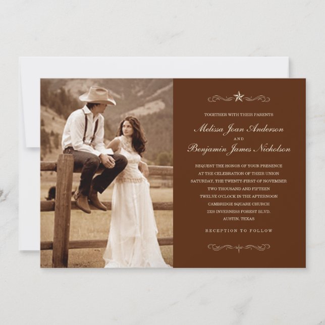 Dark Brown Western Photo Wedding Invitations (Front)