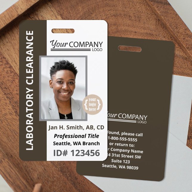 Dark Brown, White Company Entry Employee Photo ID ID Badge (dark brown company badge, photo and logo employee identification entry badge, grayish brown, taupe)