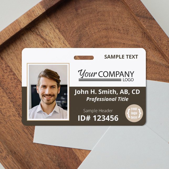 Dark Brown White Logo Entry Employee Photo ID ID Badge (Dark brown company badge with photo and logo. Versatile for natural taupe and beige.)