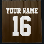 Dark Brown White Sports Jersey Team Jersey Shower Curtain<br><div class="desc">Preppy Solid Colour Team Jersey / Sports Jersey / Football Jersey / Rugby Jersey with Custom Name Customise this with your own name or team name and a number. You can change the size, colour and placement of the text if you need to make changes, change the colour of or...</div>