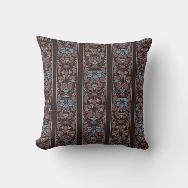 Dark brown with blue flowers stripe cushion (Front)