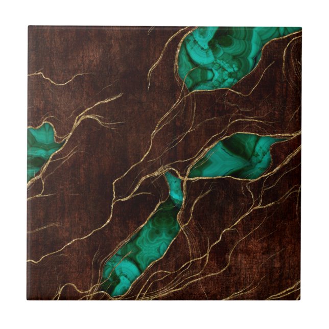 Dark Brown Wood and Malachite Abstract Digital art Tile (Front)