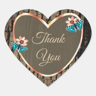 Dark Brown Wood Grain Cute Butterflies Thank You Heart Sticker