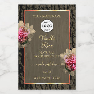 Dark Brown Wood Grain Pink Rose Product Label Logo