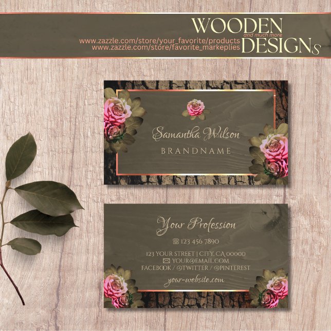 Dark Brown Wood Grain Pink Roses Natural Tree Bark Business Card (Creator Uploaded)