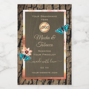 Dark Brown Wood Product Label Butterflies and Logo