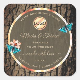 Dark Brown Wood Product Label Butterflies and Logo