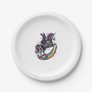 Dark Bunny Riding Skeleton Unicorn Vintage Engravi Paper Plate