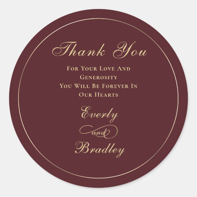 Dark Burgundy Background Elegant Gold Script   Classic Round Sticker (Front)