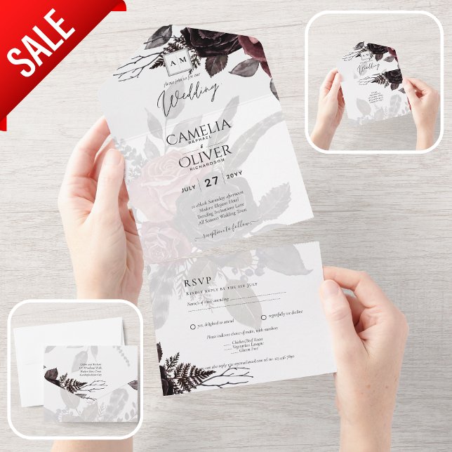 Dark Burgundy Black Roses Wedding Fall Winter All In One Invitation (Creator Uploaded)