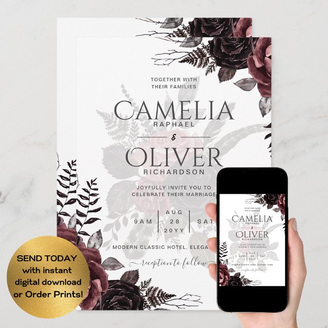 Dark Burgundy Black Roses Wedding Fall Winter Invitation (Creator Uploaded)