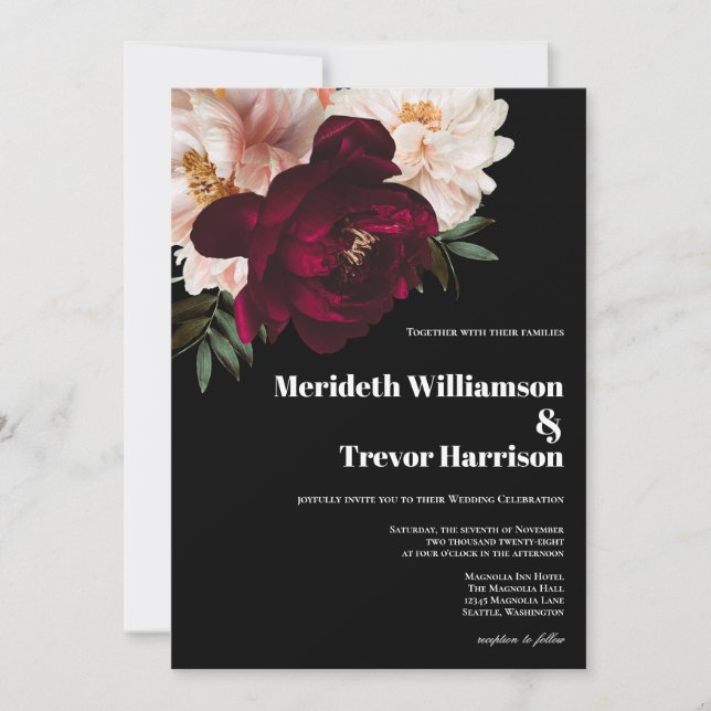 Dark Burgundy & Blush Floral Black Modern Wedding Invitation (Front)