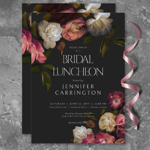 Dark Burgundy & Cream Peonies Black Bridal Lunch Invitation