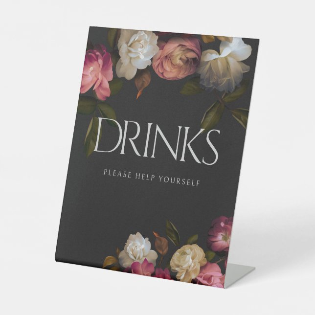 Dark Burgundy & Cream Peonies Black Shower Drinks Pedestal Sign (Front)