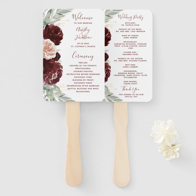 Dark Burgundy Floral Greenery Wedding Program Hand Fan (Front and Back)