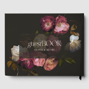 Dark Burgundy Floral Moody Black Elegant Romantic Guest Book