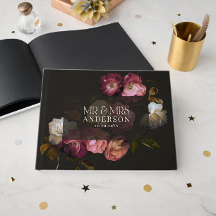 Dark Burgundy Floral Moody Black Elegant Romantic Guest Book
