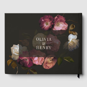 Dark Burgundy Floral Moody Black Elegant Romantic Guest Book