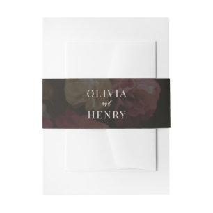 Dark Burgundy Floral Moody Black Elegant Romantic Invitation Belly Band