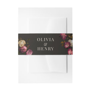 Dark Burgundy Floral Moody Black Elegant Romantic Invitation Belly Band