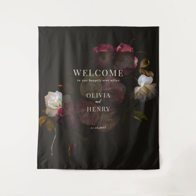 Dark Burgundy Floral Moody Romantic Welcome Sign Tapestry (Front)