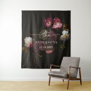 Dark Burgundy Floral Moody Romantic Welcome Sign Tapestry