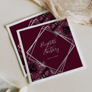 Dark Burgundy Floral Silver Geometric Wedding Napkin