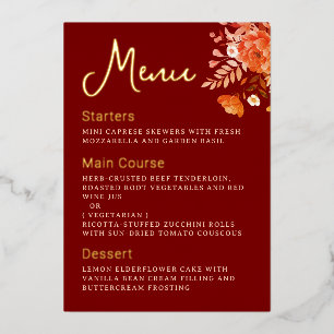 Dark Burgundy Floral Wedding Menu Gold Foil Card