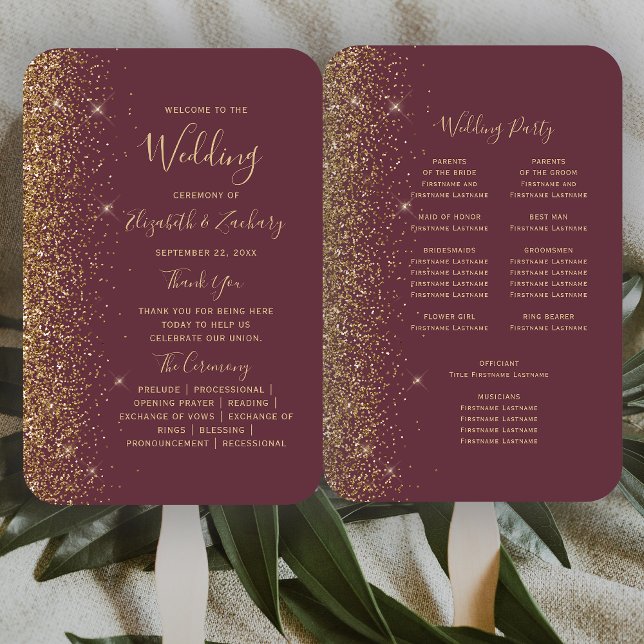 Dark Burgundy Gold Glitter Edge Wedding Program Hand Fan (Creator Uploaded)