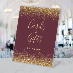 Dark Burgundy Gold Glitter Wedding Cards and Gifts Pedestal Sign