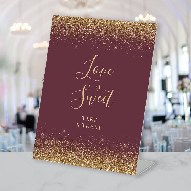 Dark Burgundy Gold Glitter Wedding Love Is Sweet Pedestal Sign (Creator Uploaded)