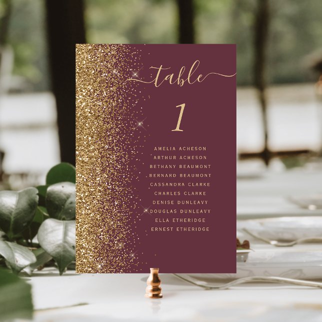Dark Burgundy Gold Glitter Wedding Table Number (Creator Uploaded)