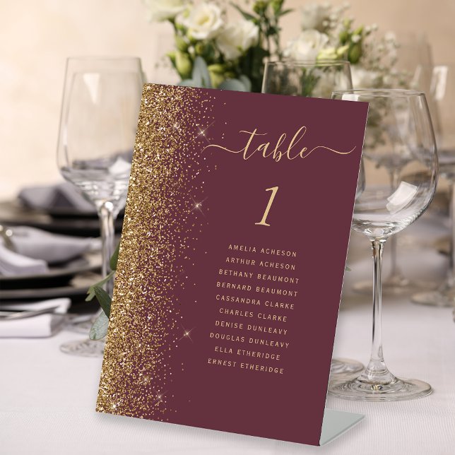 Dark Burgundy Gold Glitter Wedding Table Number Pedestal Sign (Creator Uploaded)