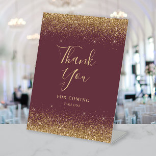 Dark Burgundy Gold Glitter Wedding Thank You Pedestal Sign
