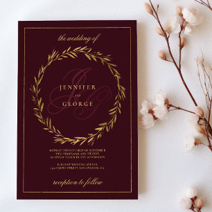 Dark burgundy gold monogram initials Wedding  Invitation
