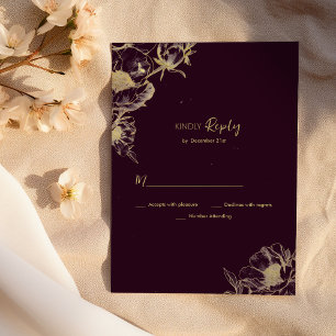 Dark burgundy gold peony floral RSVP  Invitation
