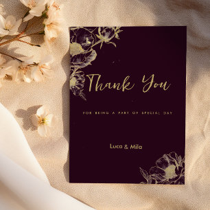 Dark burgundy gold peony floral Thank You  Invitation