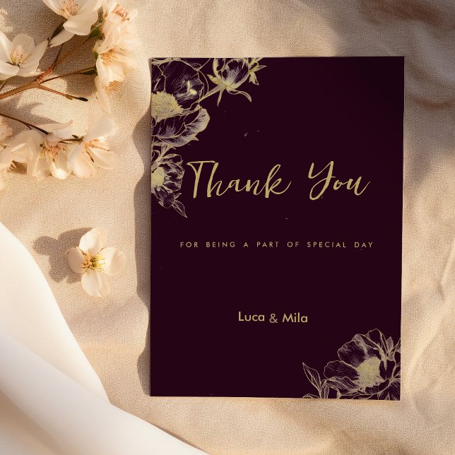 Dark burgundy gold peony floral Thank You  Invitation (Dark burgundy gold peony floral Thank You)