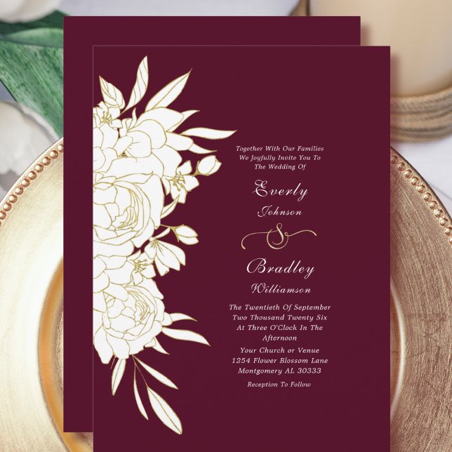 Dark Burgundy Gold White Floral Elegant Wedding Invitation (Creator Uploaded)