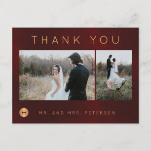 Dark burgundy gold winter wedding photo thank you postcard