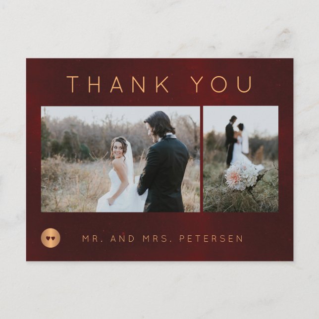 Dark burgundy gold winter wedding photo thank you postcard (Front)