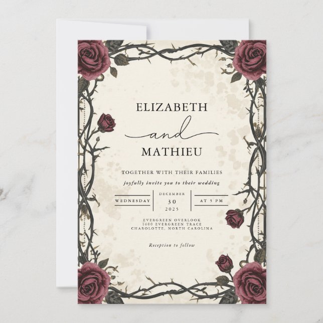 Dark Burgundy Gothic Floral Wedding Invitation (Front)