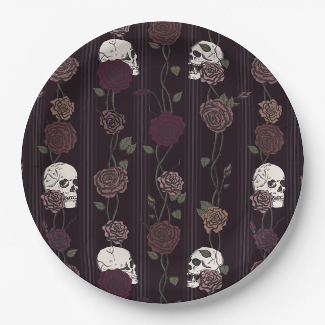 Dark Burgundy Gothic Skull & Rose Stripes Paper Plate (Front)