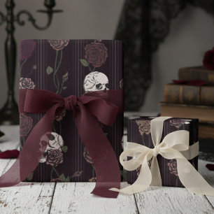 Dark Burgundy Gothic Skull & Rose Stripes Wrapping Paper