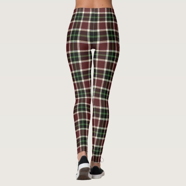 Dark Burgundy Green White Tartan Plaid  Leggings (Back)