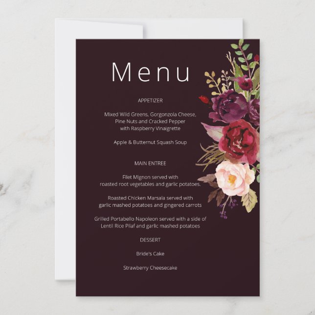 Dark Burgundy Marsala and Blush Floral Menu  Invitation (Front)