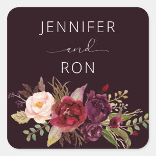 Dark Burgundy Marsala Floral Name Square Sticker