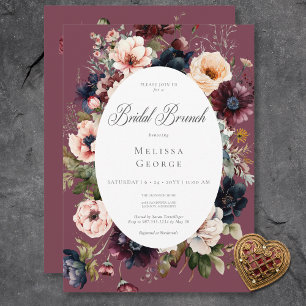 Dark Burgundy Oval Floral Frame Bridal Brunch Invitation